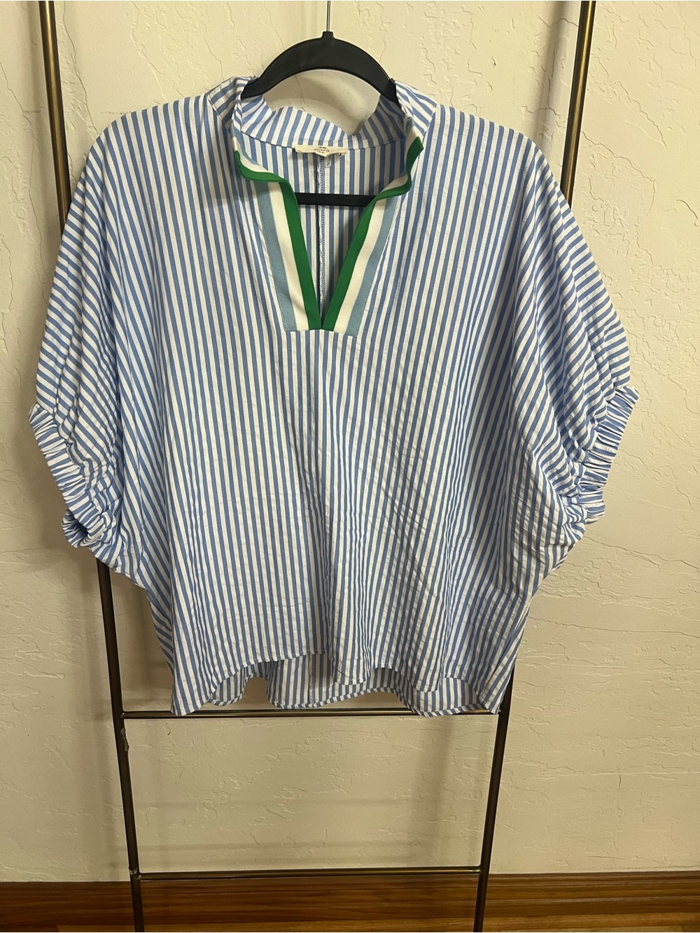 Entro Striped Blue & White V-Neck Cotton Top with Green Trim